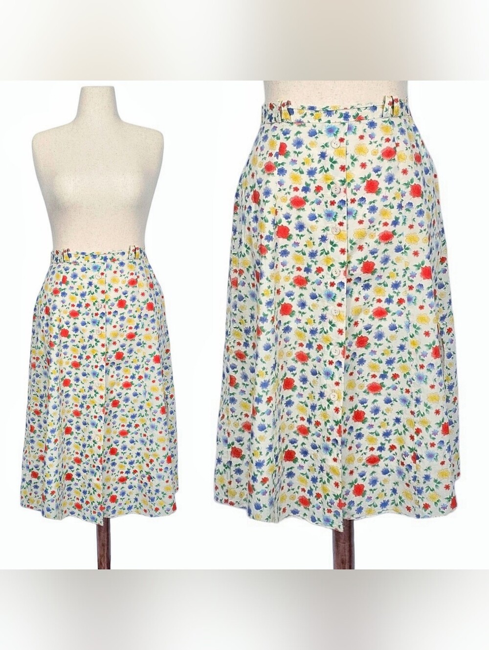 1980s Vintage Skirt 80s Floral Midi Cream Colorful Flowers Pockets Large A Line